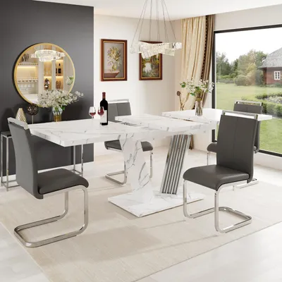 Immagine prodotto di okwish Tavolo da pranzo e tavolo da cucina con gambe regolabili in altezza, tavolo allungabile con piano scorrevole in marmo, bianco