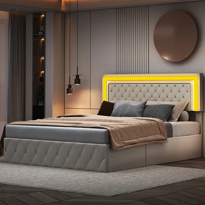 Image de CDGlobal Lit rembourré avec LED, lit boxspring hydraulique 160x200cm avec sommier à lattes et espace de rangement, lit double en bois lit d'adolescent similicuir,