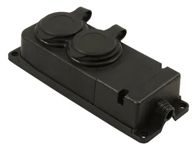 A black electrical outlet with two covered sockets and a threaded connector on a white background.