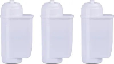 Three white water filter cartridges are lined up against a white background.