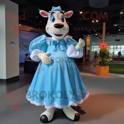 Immagine prodotto di Personaggio del costume della mascotte REDBROKOLY della mucca blu cielo vestito con un abito da ballo e bretelle