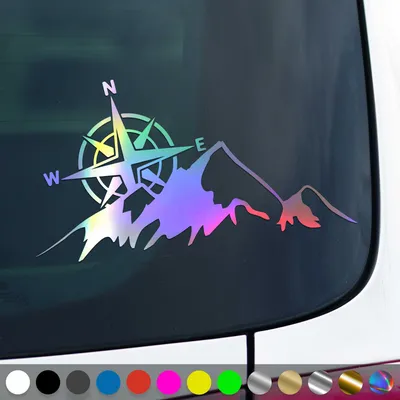 Produktbild von PantherPixel Kompass Berge Aufkleber Windrose Reisen Camping Sticker Auto Geschenkidee Farbe Oilslick-Hologramm