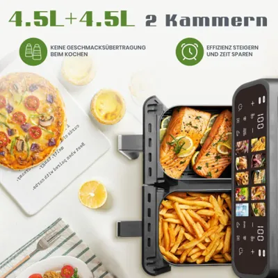 Zdjęcie produktu dla Frytkownica na gorące powietrze Zimilo 9 l XXL Airfryer z podwójną komorą, wyświetlaczem LED oraz regulacją czasu i temperatury w zakresie 80–200°C, ułatwiająca gotowanie
