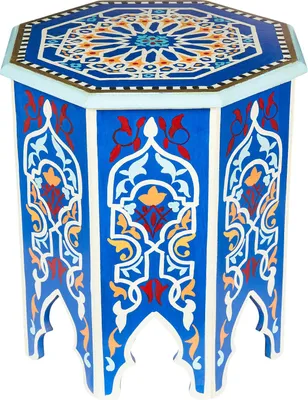 Produktbild von MARRAKESCH Beistelltisch Nachttisch aus Holz 50cm groß Tisch Hocker Gargar Blau als Orientalische Dekoration