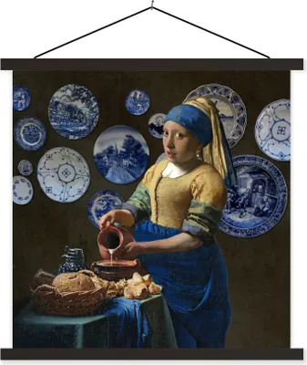 Produktbild von MuchoWow® Textilposter Milchmädchen - Das Mädchen mit dem Perlenohrring - Vermeer 60x60 cm mit schwarzem Rahmen - Posteraufhänger