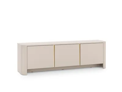 A modern, three-door RTV cabinet in cashmere.