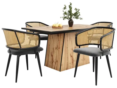 Productafbeelding van 4 eetkamerstoelen, eetkamerstoelen met een rotan rugleuning, zitting met kussens van fluweel, comfortabel en ademend, moderne en eenvoudige stijl, geschikt voor restaurants, woonkamers en cafés. Kleur: grijs
