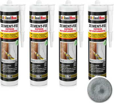 Produktbild von Isolbau Zement-Fix 4 x 300 ml Betongrau Express Reperaturmörtel - Dichtungsmasse für Fugen & Risse im Innen- & Außenbereich, Kartusche