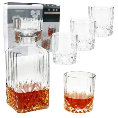 Zdjęcie produktu dla 5-częściowy zestaw Whilly karafka do whisky 720ml + 4 kieliszki 300ml dekanter pokrywka szkło szlifowane