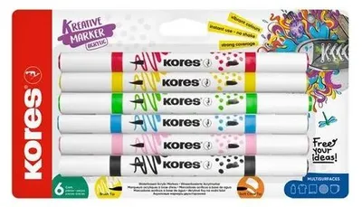 Dekoračný popisovač, sada, akrylový, 1-2 mm, obojstranný, KORES " K-Kreative", 6 rôznych farieb