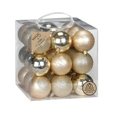 Produktbild von Weihnachtskugeln Kunststoff 6cm mit Glitzer 27er Set - Creamy Gold