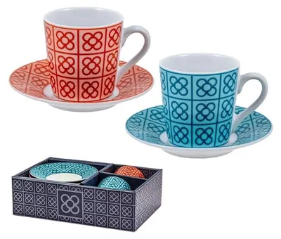 2er-Set Porzellantassen mit Untertassen, türkis, 6x6x6 cm