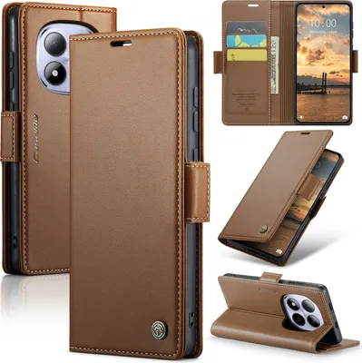 Image de Étui pour Xiaomi Redmi Note 15 Pro 5G, blocage RFID, étui en cuir à rabat avancé avec fonction support, marron