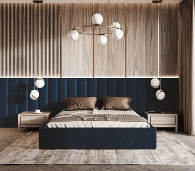 Produktbild von Polsterbett Vilde 200x200 mit Wandpaneelen 300 cm, Bettkasten, Samtbezug Piano 28 Dunkelblau, stabile Konstruktion