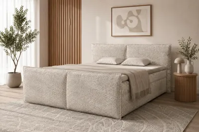 Produktbild von Boxspringbett Pyllo 180x200 Beige – Bouclé Bett mit Bettkasten, Matratze & Topper