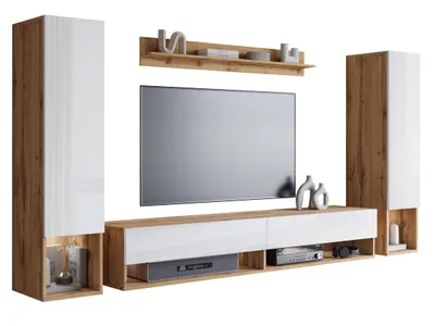 Zdjęcie produktu dla MINIO go for it, szafka wisząca "AMY II", naścienna, 4-częściowa, z oświetleniem LED, kolor dąb Wotan/biały połysk