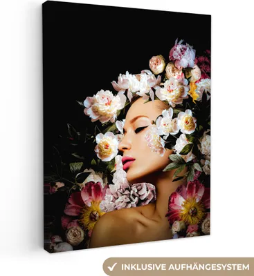 Produktbild von MuchoWow® - Leinwandbilder - Frauen - Blumen - Rosen - Porträt, Wandbild, Wanddeko Bilder Wohnzimmer, 90x120 cm