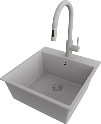Produktbild von PRIMAGRAN Granitspüle Grau 48x50cm, Spülbecken 1 Becken + Küchenarmatur 40x20cm + Ablauf-Set, Küchenspüle ab 50er Unterschrank - Riga