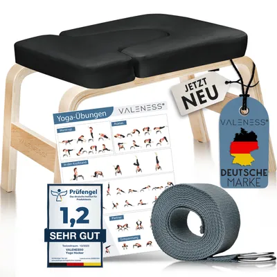 Produktbild von VALENESS® Yoga Kopfstandhocker - Hochwertiger Yoga Hocker inkl. Yogagurt, Yogablock & Übungsposter - Yoga Stuhl zur Handstand-Übung aus Naturholz