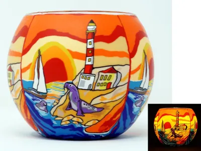 Produktbild von Windlicht Leuchtturm Segekschiff Teelicht Leuchtglas Teelichthalter Kerzenhalter