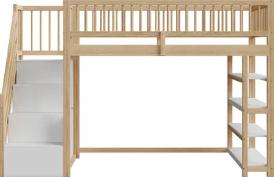 Produktbild von Flieks Etagenbett 90x200cm mit Garderobe, Kinderbett mit Regal, Hochbett mit Treppe und Lattenrost, Stockbett mit Rausfallschutz, Holzbett Holzfarbe