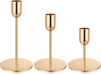 Immagine prodotto di Set di 3 candelabri dorati per candele conici, portacandele dorati, alti portacandele conici in metallo per la decorazione della casa