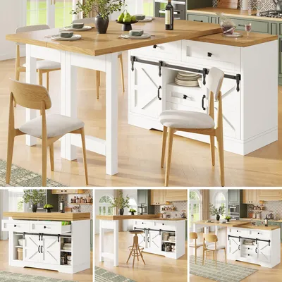 Immagine prodotto di Isola da cucina MODFU con pensile laterale, tavolo da pranzo con piano girevole, tavolo da bar/tavolo da cucina 2-in-1, mobile contenitore con cassetti a scomparsa e ante scorrevoli, colore bianco
