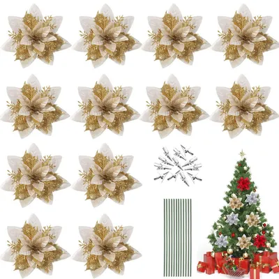 Produktbild von Künstliche Weihnachtsstern Blumen Glitzer 12 Stück mit Clips und Stielen Gold
