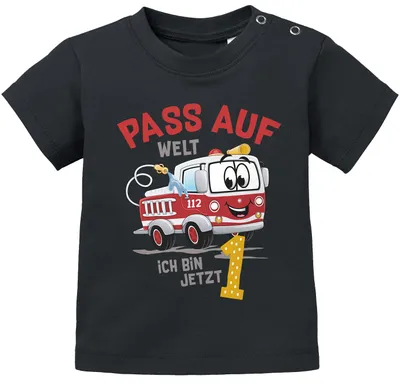 Produktbild von Baby T-Shirt 1.Geburtstag Feuerwehr-Auto Pass auf Welt ich bin jetzt 1 Geburtstagsshirt kurzarm Baumwolle MoonWorks® schwarz 68/74 (4-9 Monate)
