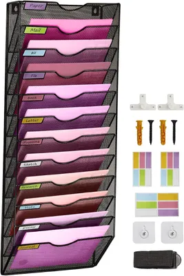 Produktbild von idealLife wandmontierte Dokumenthalter, A4 -Mesh in Tablett, Tasche, Datei -Mail -Organizer, Zeitschriftenspeicherregal, 12 -Tier -Schreibtischpapier