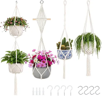 Produktbild von Macramé Pflanzenhänger aus Baumwollseil, 4 Stück, 81-122 cm, für Innen und Außen