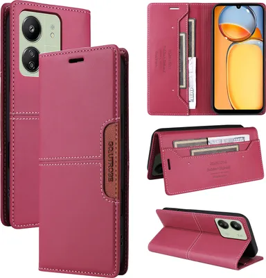 Produktbild von Handyhülle für Xiaomi Redmi 13C/Poco C65 Hülle, Leder Flip Wallet Kartenfach Stand Schutzhülle Rot