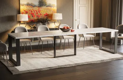Image de Endo-Möbel Table de salle à manger extensible Borys Max 130cm - 330cm piètement traîneau traîneau métal Kulissentisch (blanc brillant)