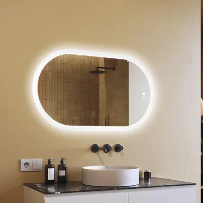 Produktbild von Badspiegel 120x70cm - Ovalmit LED Beleuchtung - LED Dual und Touchsensor und Heizmatte