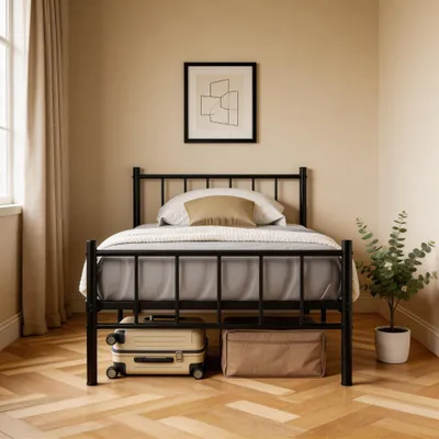 Zdjęcie produktu dla Łóżko metalowe CEEDIR 90 x 200 cm, łóżko pojedyncze, stelaż z listwami, zagłówek i podnóżek
