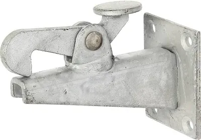 A metal gate latch with a mounting plate, shown against a white background.