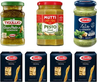 Produktbild von Star Tigullio GranPesto Pesto alla Genovese + Barilla Pesto alla Genovese 190 g + Mutti Pesto Verde Pomodori Verdi 190 g + 5x Barilla Pasta Trofie 500 g