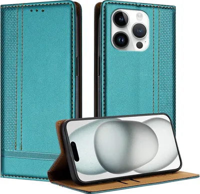 Produktbild von Handyhülle für iPhone 15 Pro Leder Flip Klappbare Schutzhülle mit Standfunktion Grün