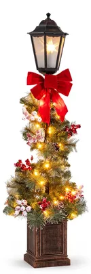 Imagen del producto de COSTWAY: Lámpara navideña de 120 cm con luces LED cálidas, farol navideño con maceta, ramas, bayas rojas y piñas, decoración navideña