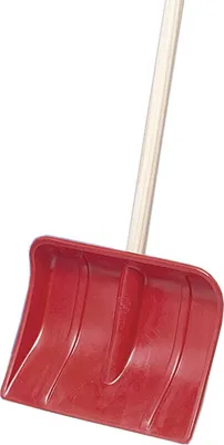 A red snow shovel with a wooden handle against a white background.