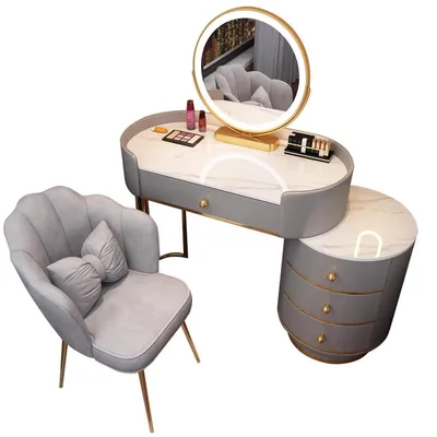 Image de Ensemble de table de maquillage avec miroir et 5 tiroirs, couleur gris, 80 cm