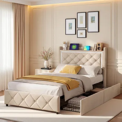 Image de Lit rembourré INONEFT, 90x200 cm, avec espace de rangement, 2 tiroirs, lit simple avec port USB/LED, lit fonctionnel avec tête de lit, structure de lit avec sommier à lattes, en velours, couleur beige