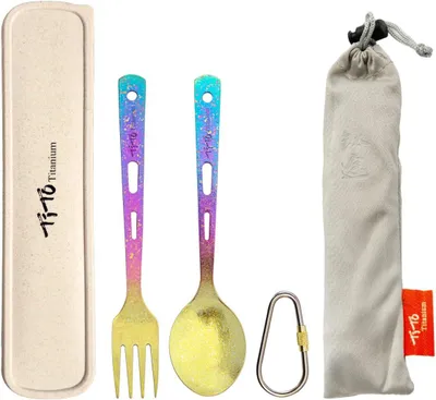 Imagen del producto de Juego de cubiertos "spork" de titanio, de 2 piezas, ligero, 28 g, ideal para camping y actividades al aire libre