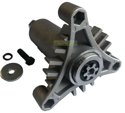 A spare part for a lawnmower, specifically a blade spindle assembly, is shown on a white background. It includes the main spindle unit, a bolt, a washer, and an O-ring. A watermark is present on the product.