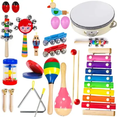Produktbild von Musikinstrumente aus Holz für Kinder, 18-teiliges Set mit Tasche, Xylophon, Triangel, Tamburin