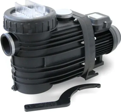 A black pool pump with a clear lid and a black wrench in front of it, set against a white background.