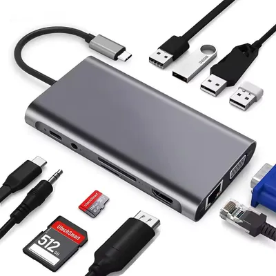 Produktbild von USB C Hub Verteiler 11 in 1 HDMI 4K VGA LAN 100M USB 3.0 SD TF PD AUX Adapter