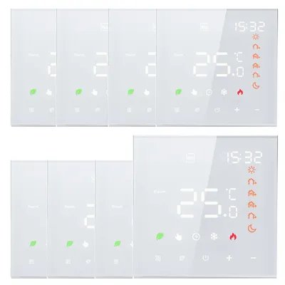 A collage of smart thermostat units, some showing digital displays and icons.