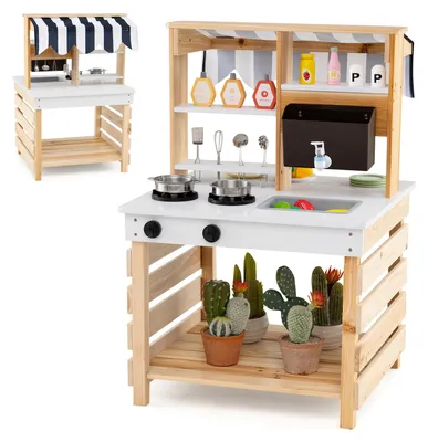 Immagine prodotto di COSTWAY cucina di fango per bambini all'aperto, cucina per bambini bifacciale in legno di abete con funzione acqua