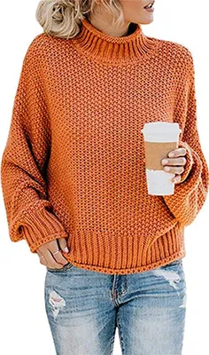 Produktbild von ASKSA Damen Strickpullover Einfarbig Rollkragenpullover Pullover Pulli Knit Sweatshirt, Orange, S